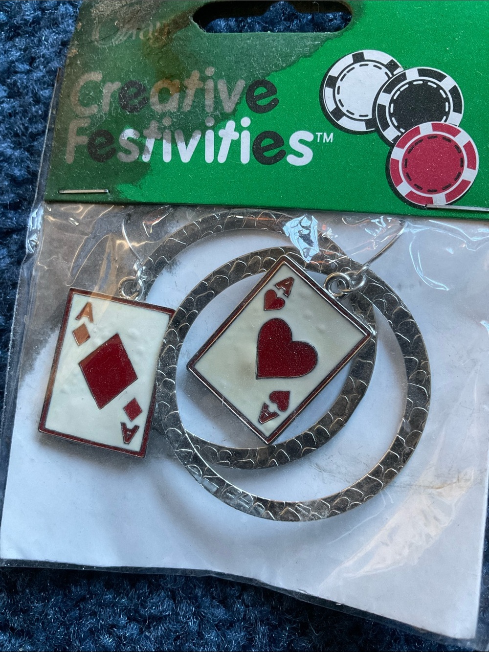 Gold Hoop Earrings with Red Playing Card Charms gambling